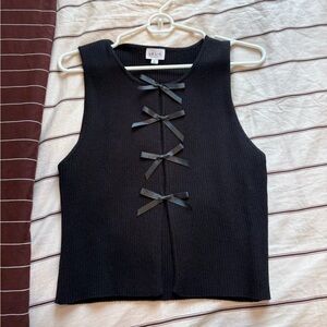 Le Lis Black Ribbed Sleeveless Top with Front Ribbon Bows